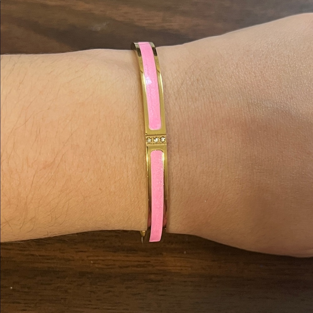 Gold plated stainless steel pink and gold bangle bracelet